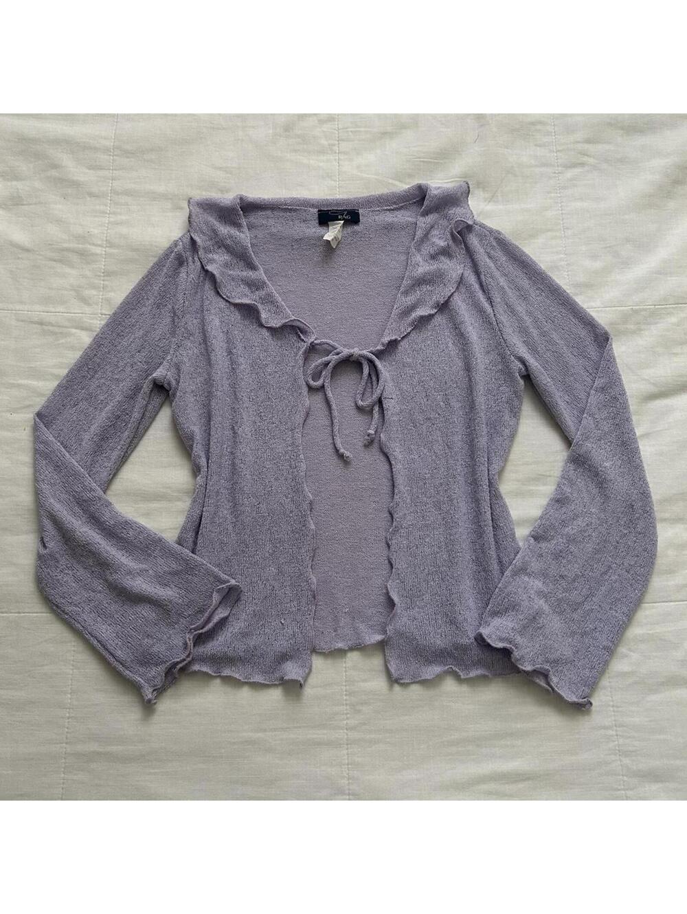 Y2K Paper Tag Vintage Lilac Ruffle Tie Long Sleeve Top Size M
